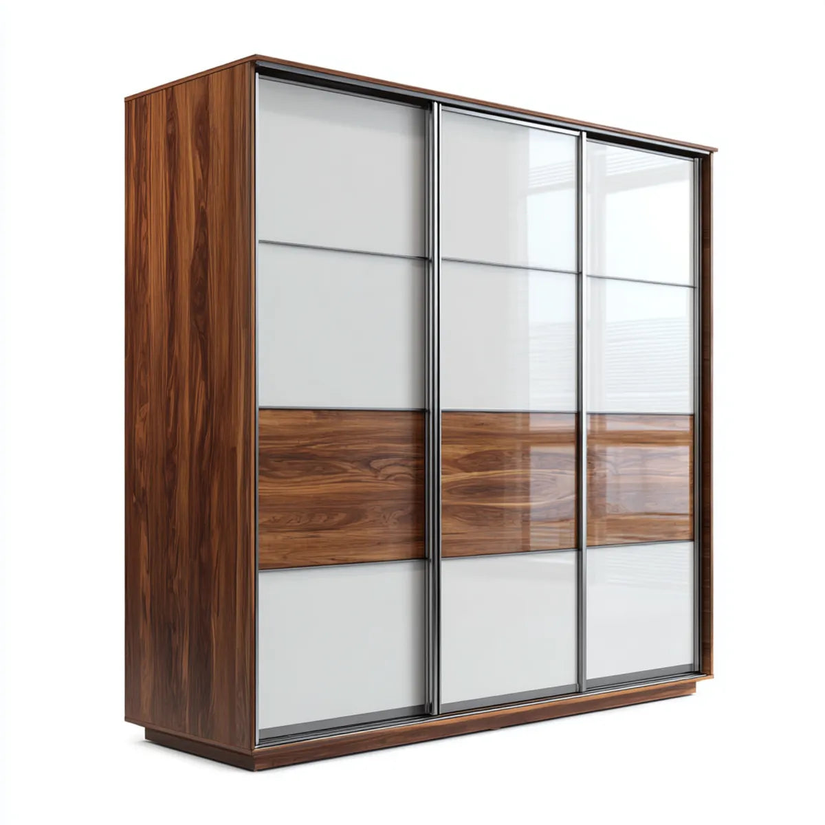 Armoire penderie à portes coulissantes noyer et blanc 180 x 60 x 220 cm en panneaux MDF et verre laqué rectangulaire