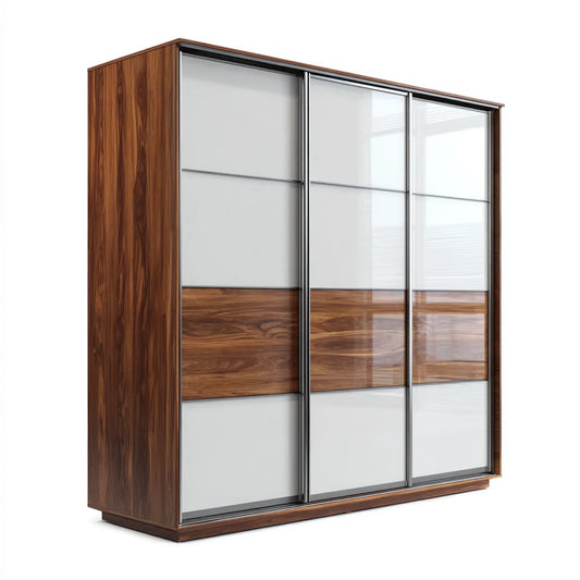 Armoire penderie à portes coulissantes noyer et blanc 180 x 60 x 220 cm en panneaux MDF et verre laqué rectangulaire
