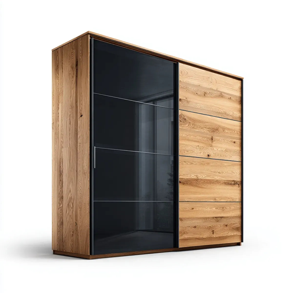 Armoire à portes coulissantes chêne naturel et noir 200 x 60 x 220 cm en panneaux décor chêne et verre