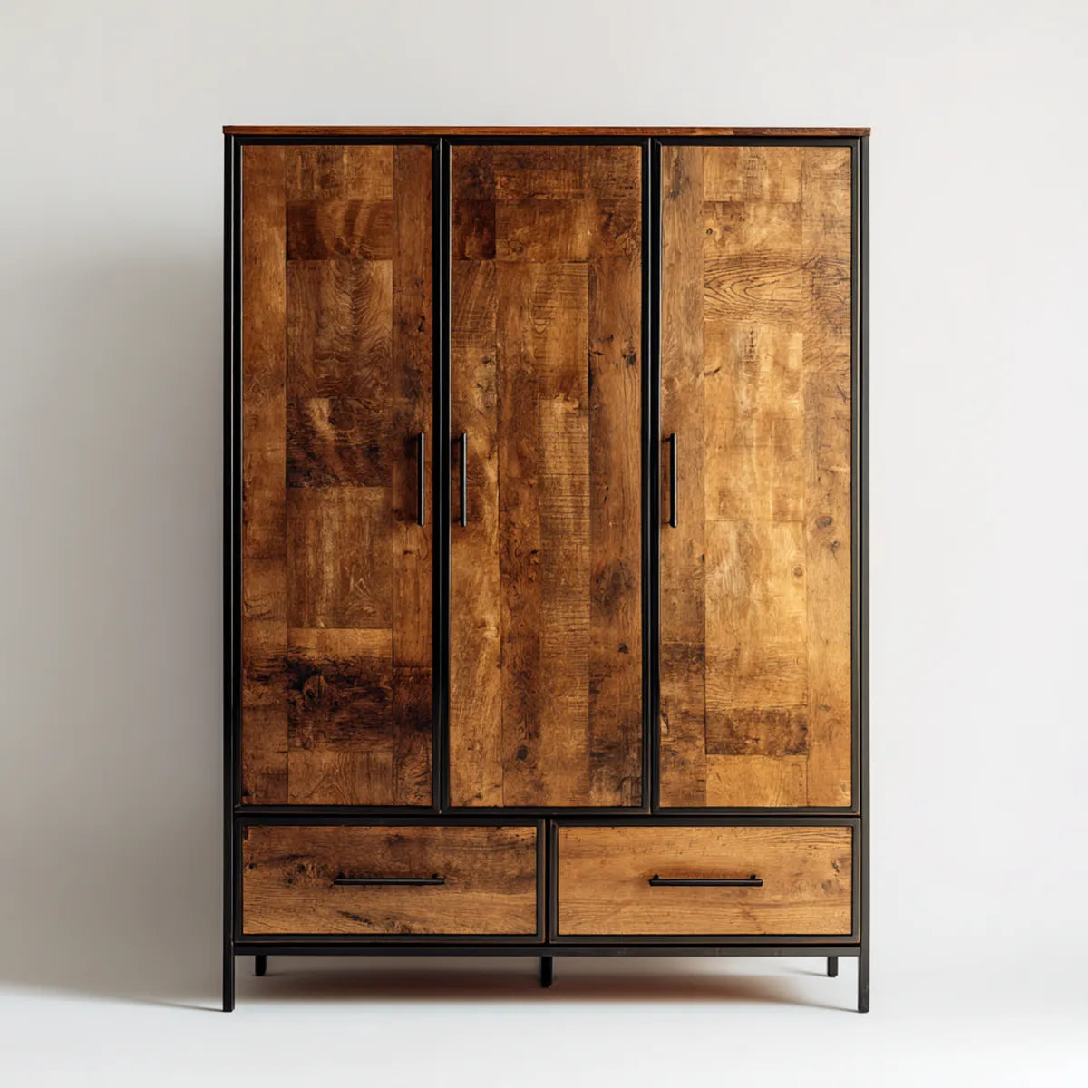 Armoire de chambre 3 portes 2 tiroirs marron et noir 120 x 50 x 190 cm bois massif de manguier rectangulaire
