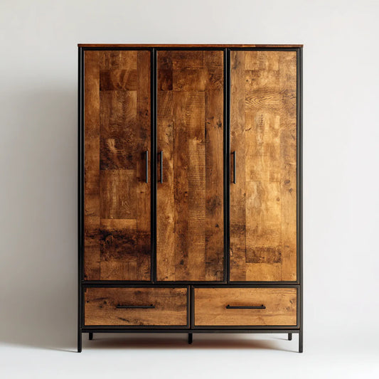 Armoire de chambre 3 portes 2 tiroirs marron et noir 120 x 50 x 190 cm bois massif de manguier rectangulaire