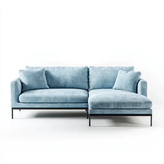 Canapé d’angle 3 places bleu gris en velours polyester avec méridienne droite 230 x 160 x 85 cm