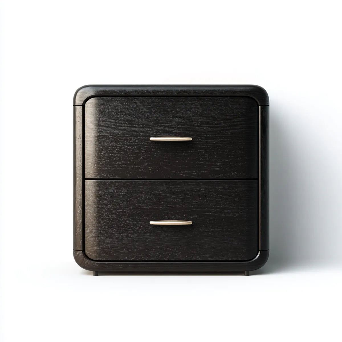 Table de chevet 2 tiroirs noire en panneaux MDF plaqués chêne 50 x 40 x 55 cm rectangulaire à angles arrondis
