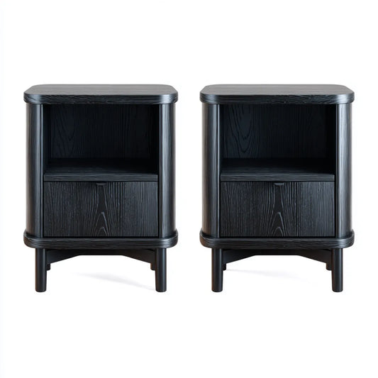 Lot de 2 tables de chevet noires en chêne massif 45 x 40 x 60 cm rectangulaires à angles arrondis