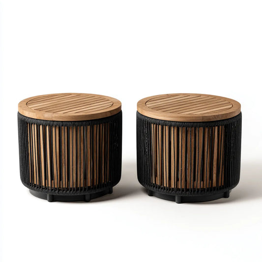 Lot de 2 tables d'appoint rondes noir et naturel Ø45 x H45 cm en bois massif d'acacia et corde en polypropylène