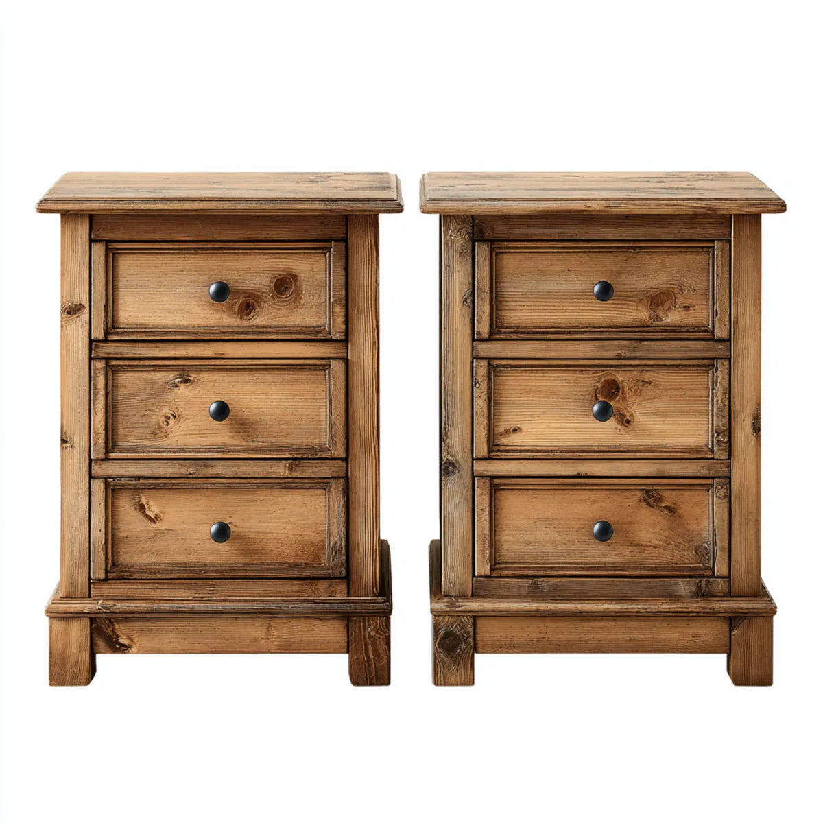 Lot de 2 tables de chevet à 3 tiroirs brun pin massif rectangulaires 43 x 35 x 65 cm