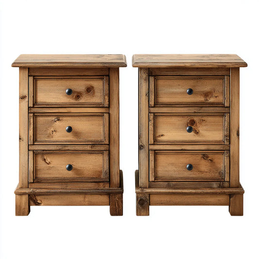 Lot de 2 tables de chevet à 3 tiroirs brun pin massif rectangulaires 43 x 35 x 65 cm