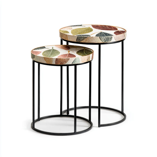 Lot de 2 tables d'appoint rondes multicolores en MDF et acier Ø 50 x H 50 cm et Ø 40 x H 45 cm