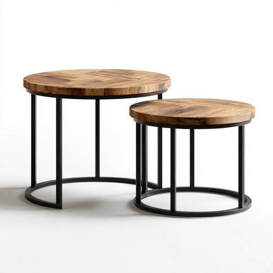 Lot de 2 tables d'appoint rondes marron et noir en bois massif de manguier et acier Ø 70 cm et Ø 50 cm